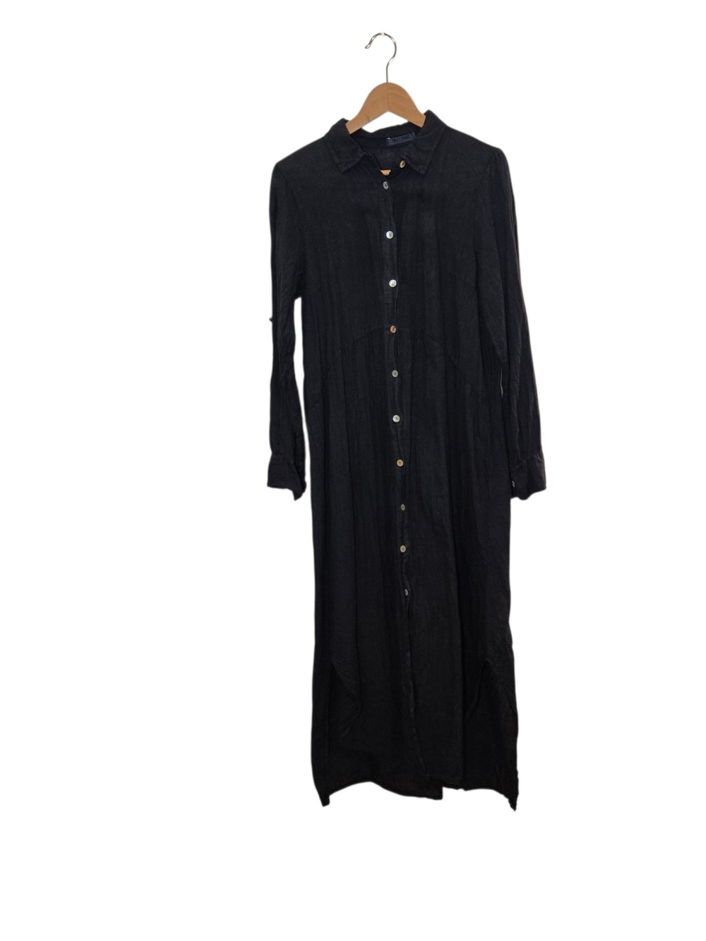 Black Button-Front Linen Midi Dress Made in Italy Coastal 100% Linen - Picture 2 of 6